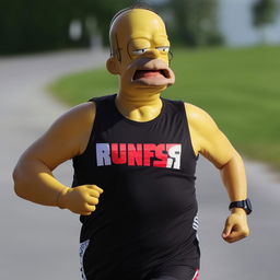 Homer Simpson running, wearing a black vest, which has 'Runfast' written in red and 'coaching' in white letters underneath it.