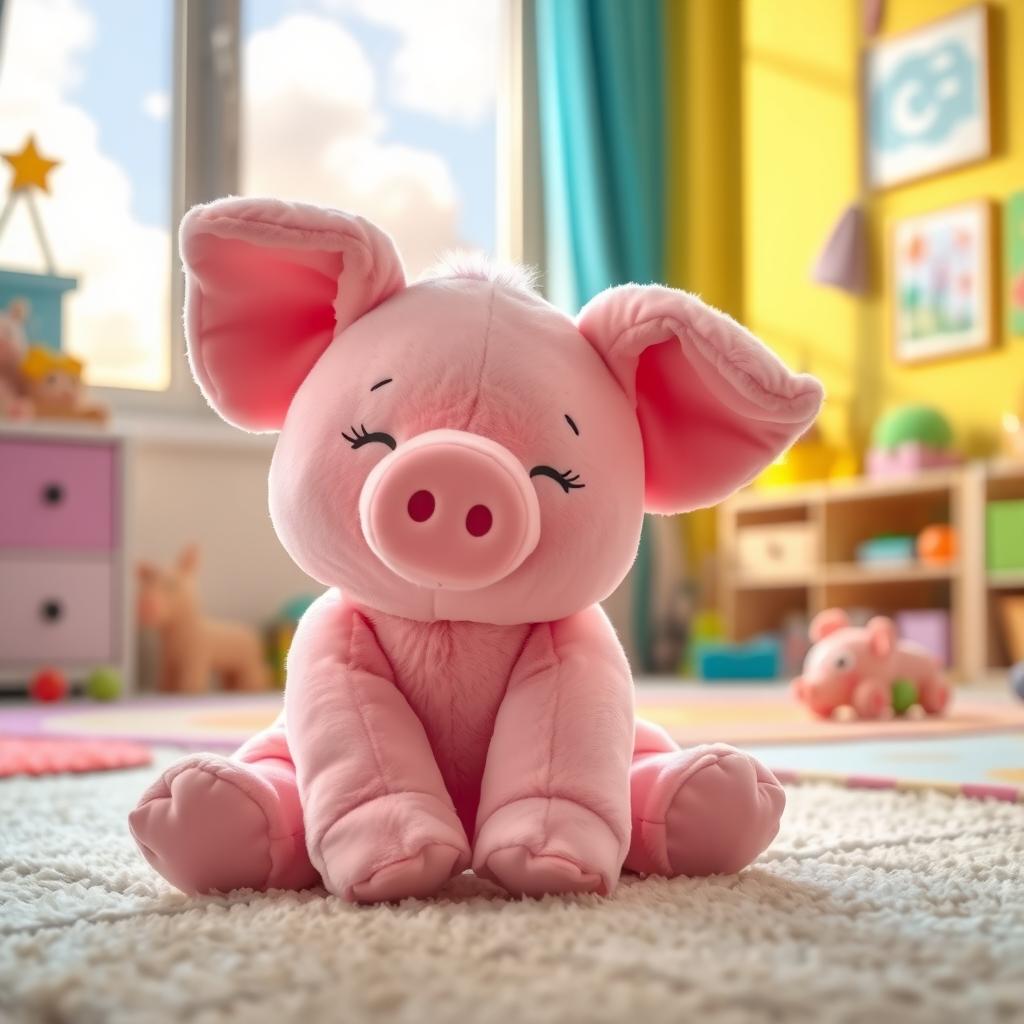 A cute pink pig stuffed animal with an elephant-like nose, peacefully sitting on a soft carpet in a children's room