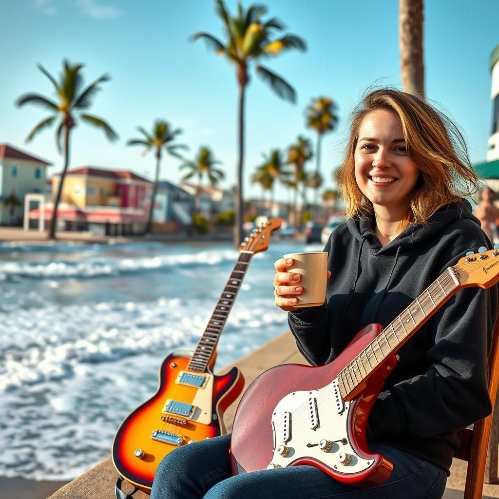 A 35-year-old woman dressed in a casual black hoodie is enjoying a cup of coffee while sitting next to an electric guitar on a lively seaside street