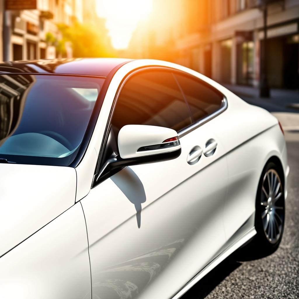 A 2013 white Mercedes C300 with sleek lines and a modern design, showcasing the car's exterior with a glossy black mirror cover and roof