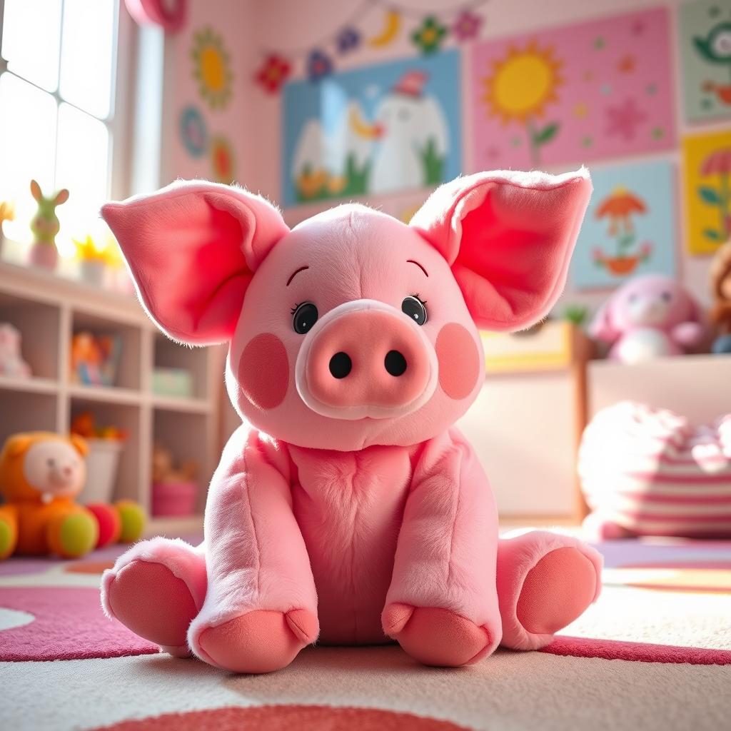 A charming pink pig stuffed animal with a long, elephant-like nose, comfortably sitting on the floor of a vibrant children's room