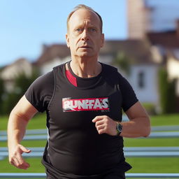 Homer Simpson running, wearing a black vest, which has 'Runfast' written in red and 'coaching' in white letters underneath it.