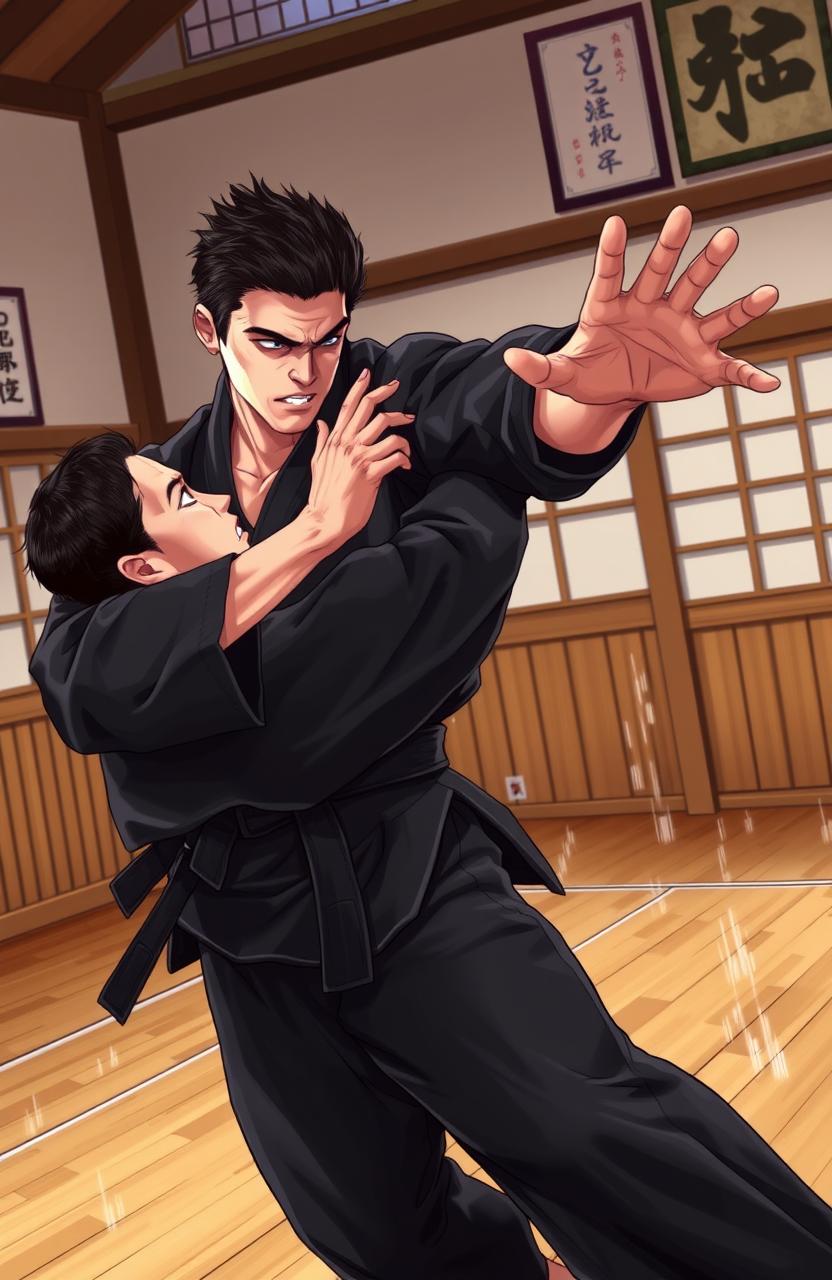 A dynamic illustration of a Kyusho Jitsu practitioner executing a precise pressure point technique on an opponent