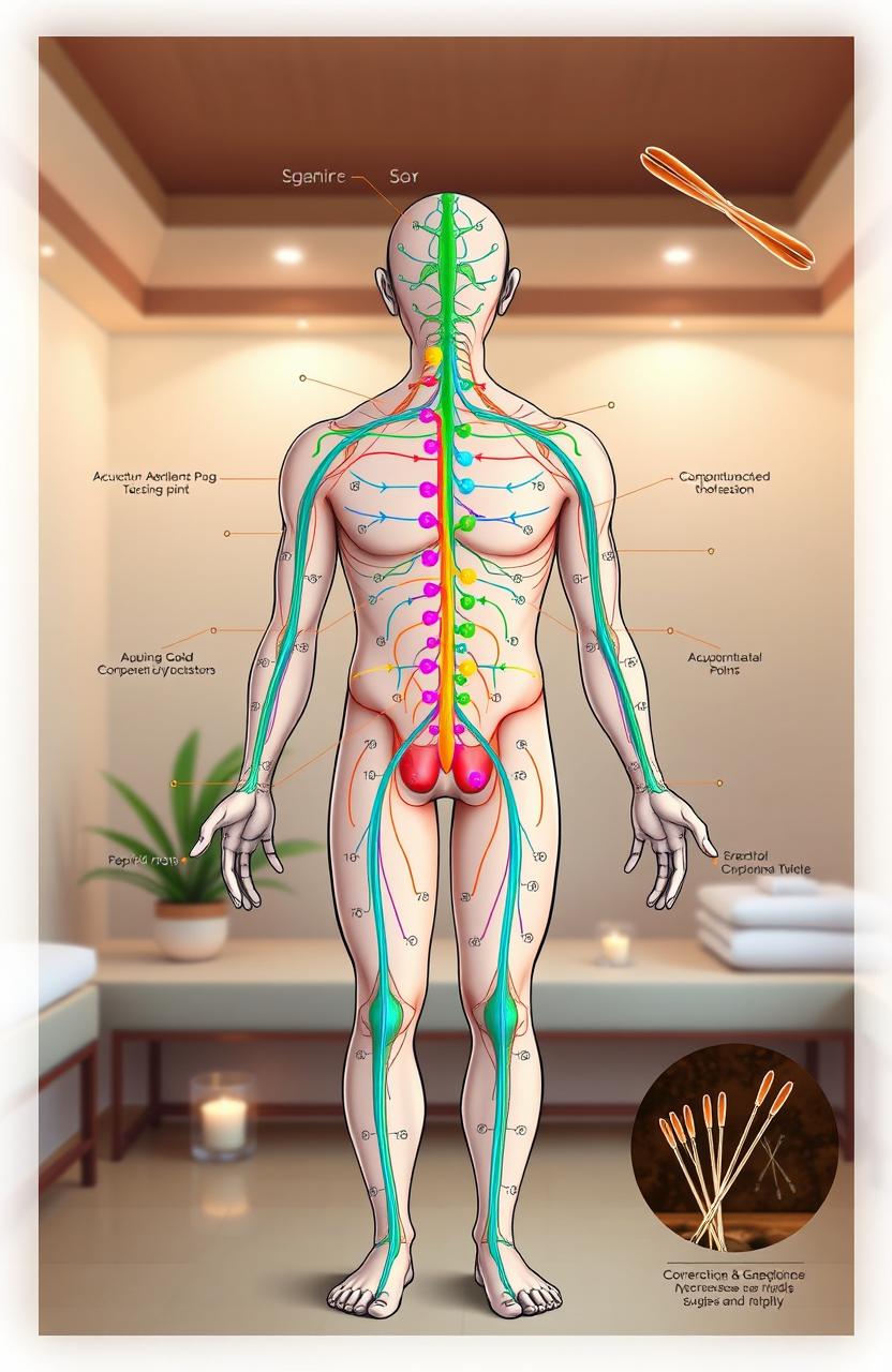 A detailed and colorful illustration of acupuncture meridians on a human body
