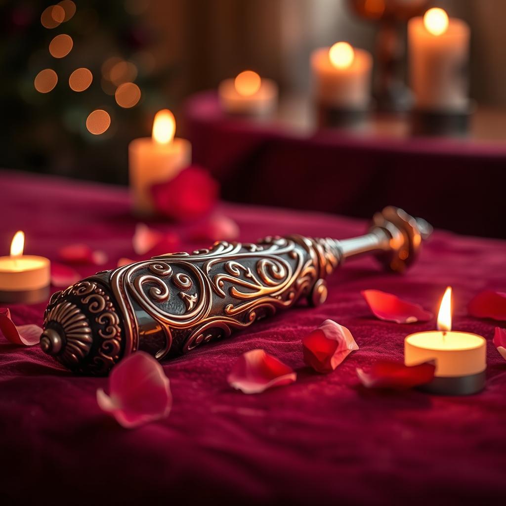 A beautifully designed scene featuring an elegantly crafted vibrador lying on a plush velvet surface, surrounded by soft candlelight creating a warm and inviting atmosphere