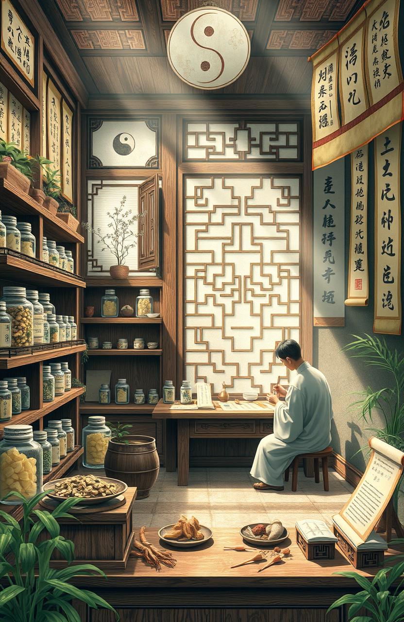 An artistic representation of traditional Chinese medicine, showcasing various elements such as herbal medicine displays, acupuncture needles, and ancient scrolls with inscriptions