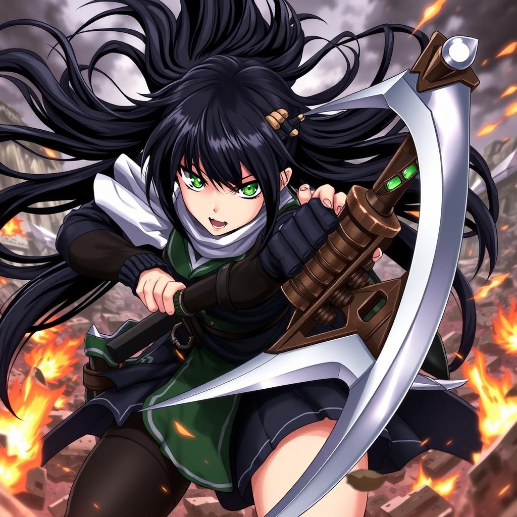 A fierce and dynamic scene featuring a strong female character reminiscent of Carolina from 'Shingeki no Kyojin'