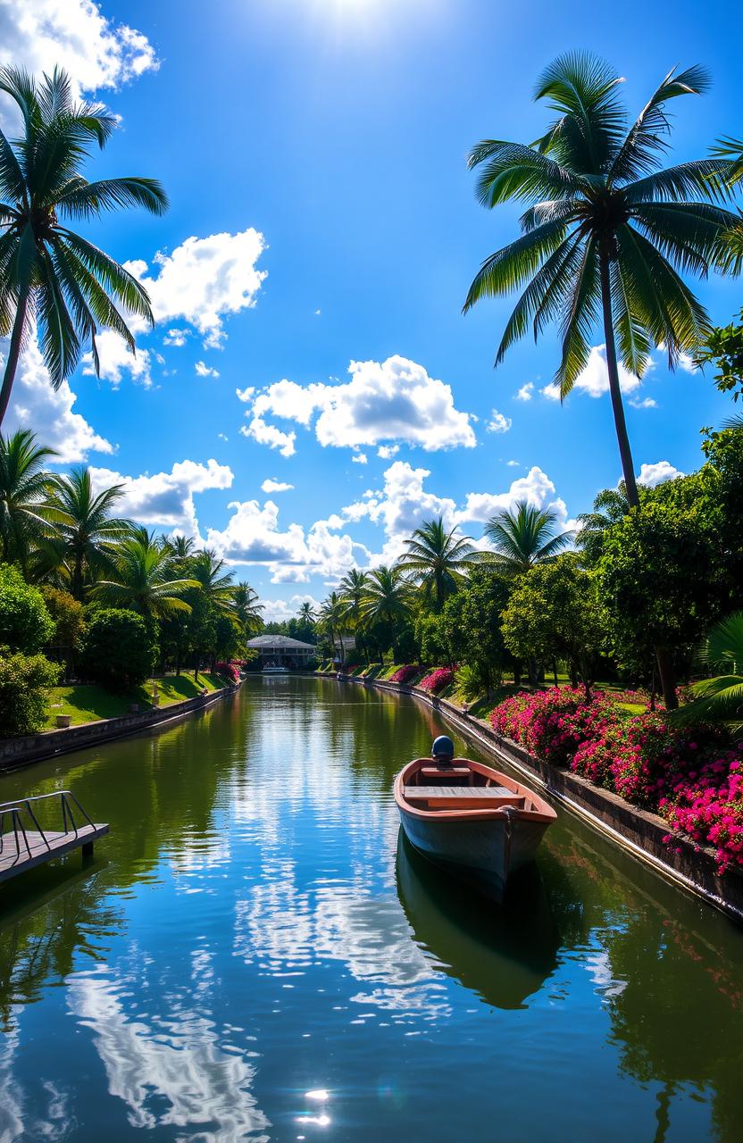 A picturesque view of the Canal Vaso Concepción, showcasing the serene waters reflecting the surrounding lush greenery, tall palm trees swaying gently in the wind, and a bright blue sky scattered with fluffy white clouds