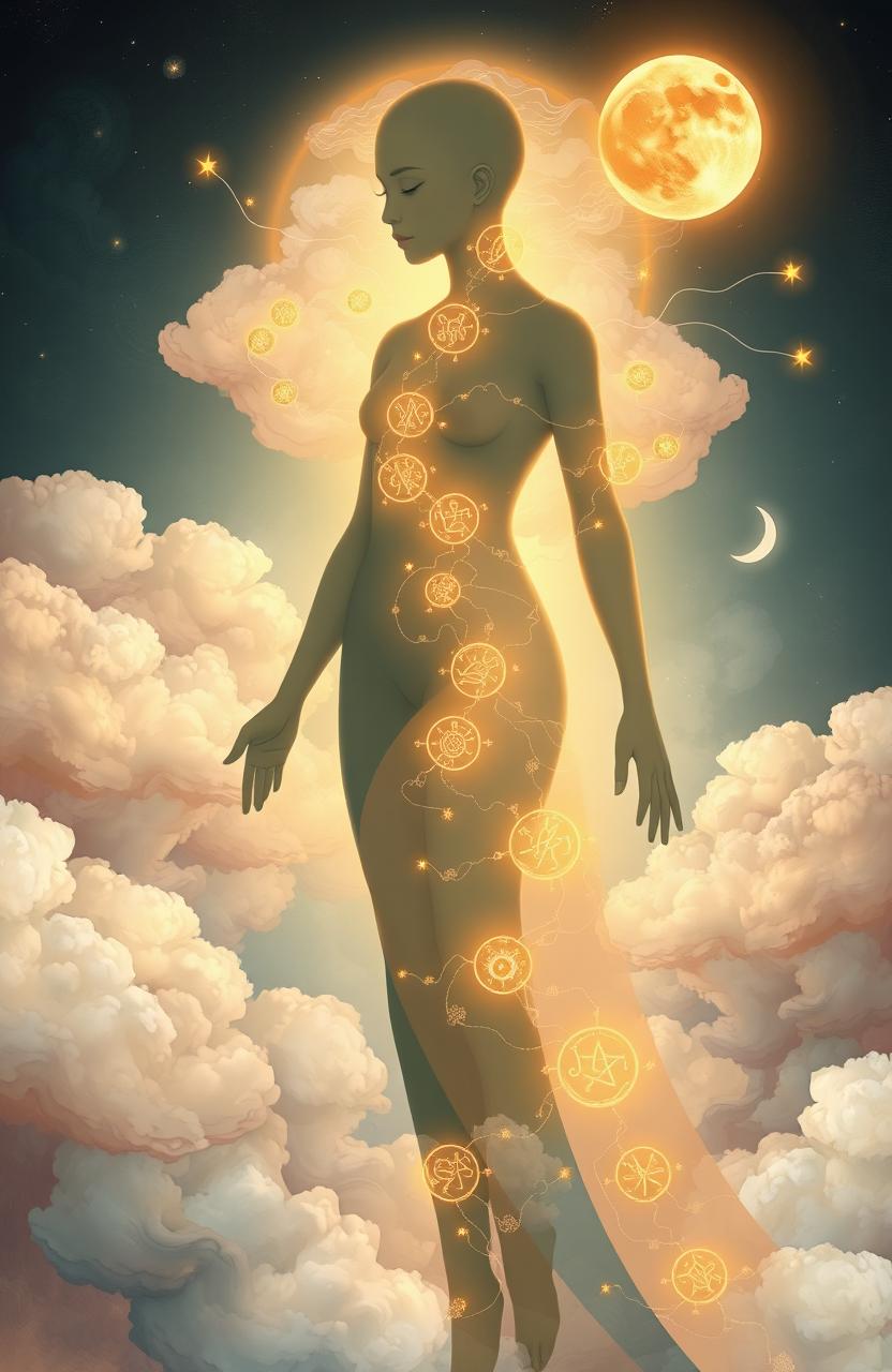 A detailed, enchanting illustration of the Ren Mai, also known as the 'Conception Vessel' in Traditional Chinese Medicine, represented as a flowing, luminous pathway coursing through a serene body