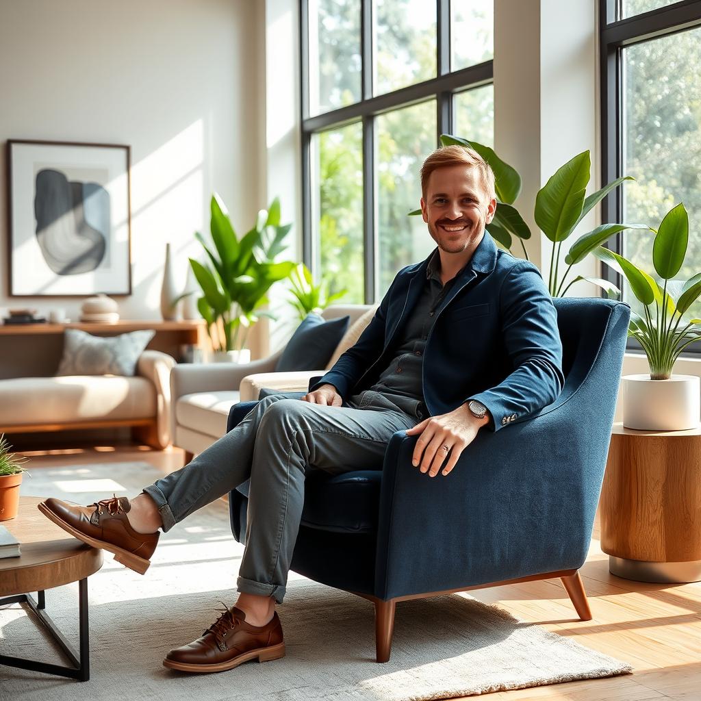 A stylish modern living room with a man sitting comfortably on a contemporary armchair