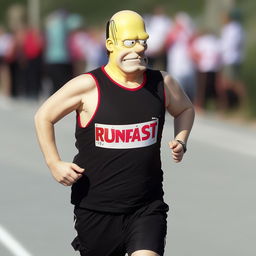 Homer Simpson running, wearing a black vest, which has 'Runfast' written in red and 'coaching' in white letters underneath it.