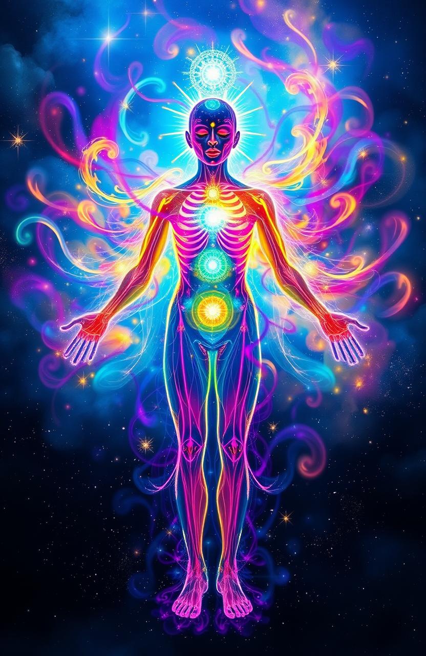 A vibrant, abstract representation of an energetic body, glowing with colorful auras and chakras swirling around