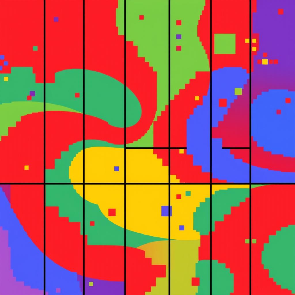 A pixel art image composed of a 16 by 16 pixel grid, featuring a vibrant and colorful abstract design