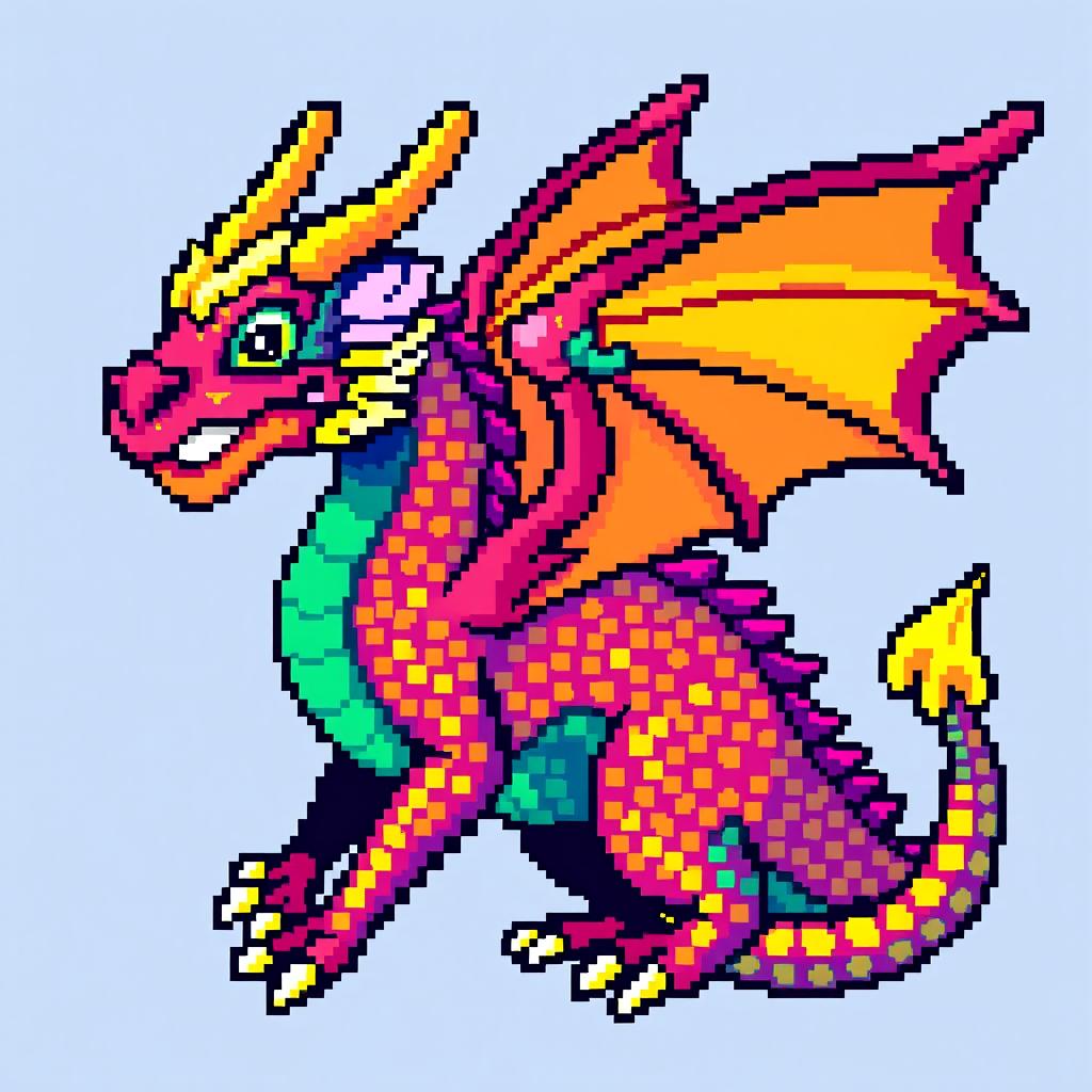 A pixel art image consisting of a 31 by 40 pixel grid, depicting a detailed and colorful subject like a whimsical creature, such as a dragon or a fantasy animal