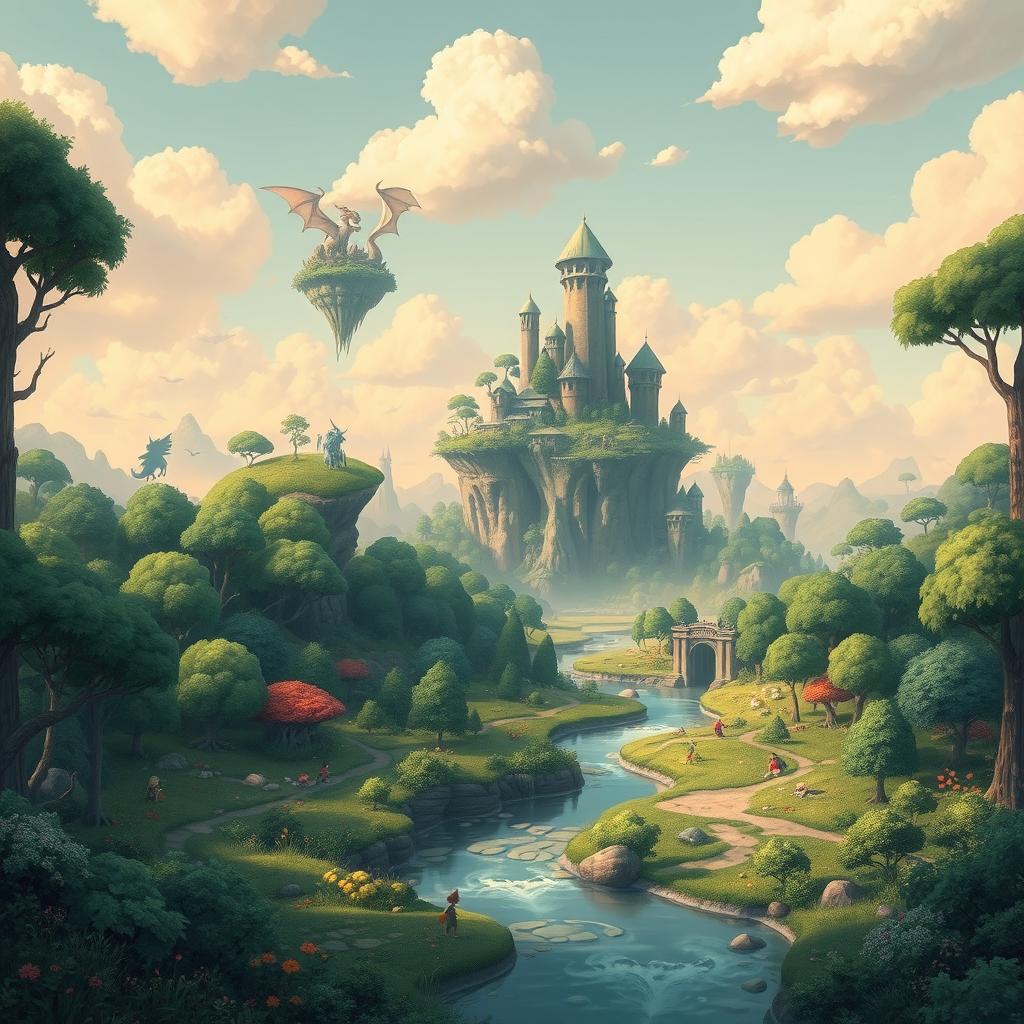 A whimsical fantasy landscape inspired by Ghibli art, featuring lush green forests, magical creatures, and floating islands