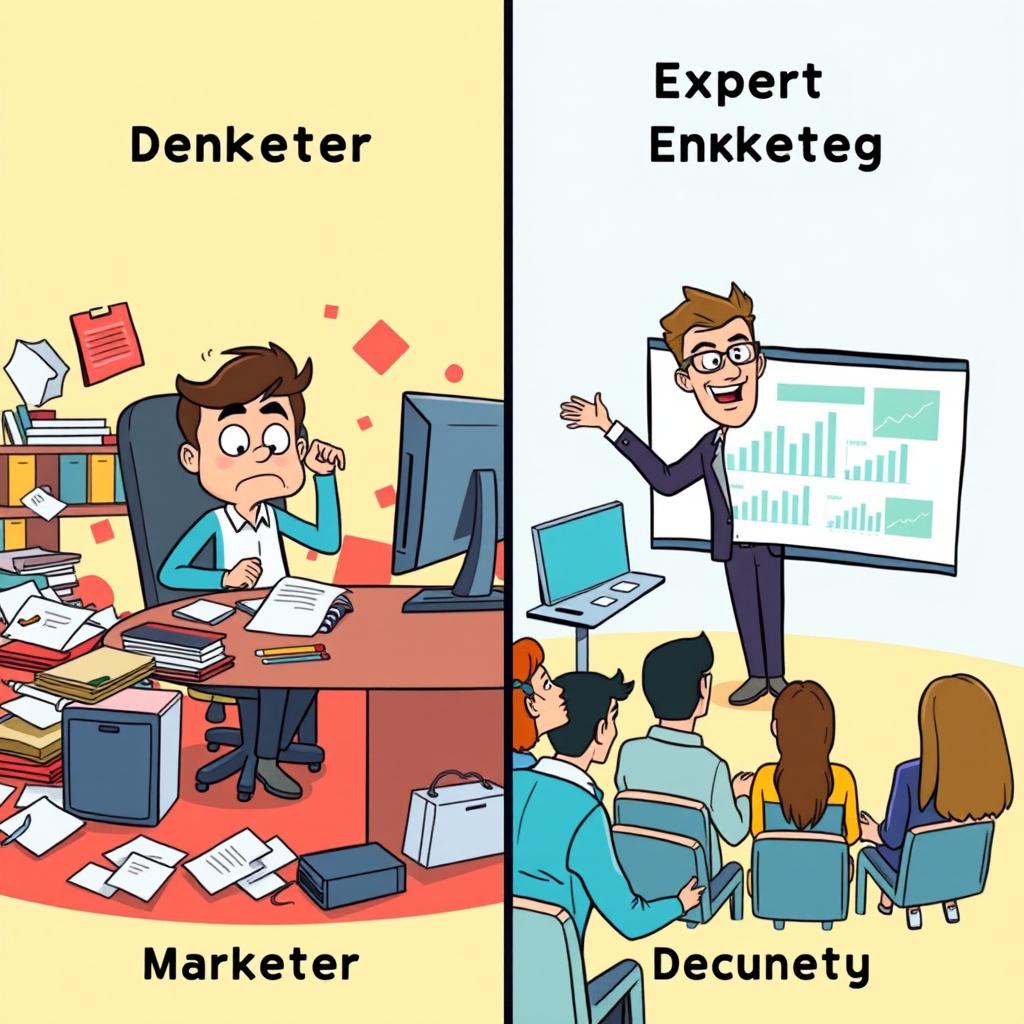 A cartoon-style illustration depicting two contrasting scenes: on the left, a nervous beginner marketer in an office, surrounded by chaotic papers and a computer with a confused expression, struggling with marketing materials; on the right, an expert marketer confidently presenting in front of a team, showcasing a well-organized digital presentation with graphs and positive energy, surrounded by impressed colleagues