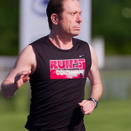 Homer Simpson running, wearing a black vest, which has 'Runfast' written in red and 'coaching' in white letters underneath it.