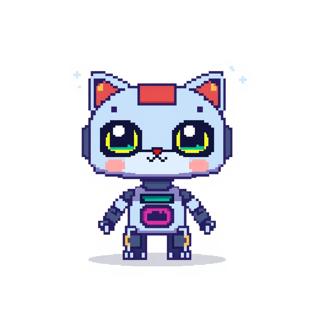 A pixel art creation consisting of a 21 by 30 pixel grid, depicting a charming and whimsical subject, such as a robot or a cute animal like a cat