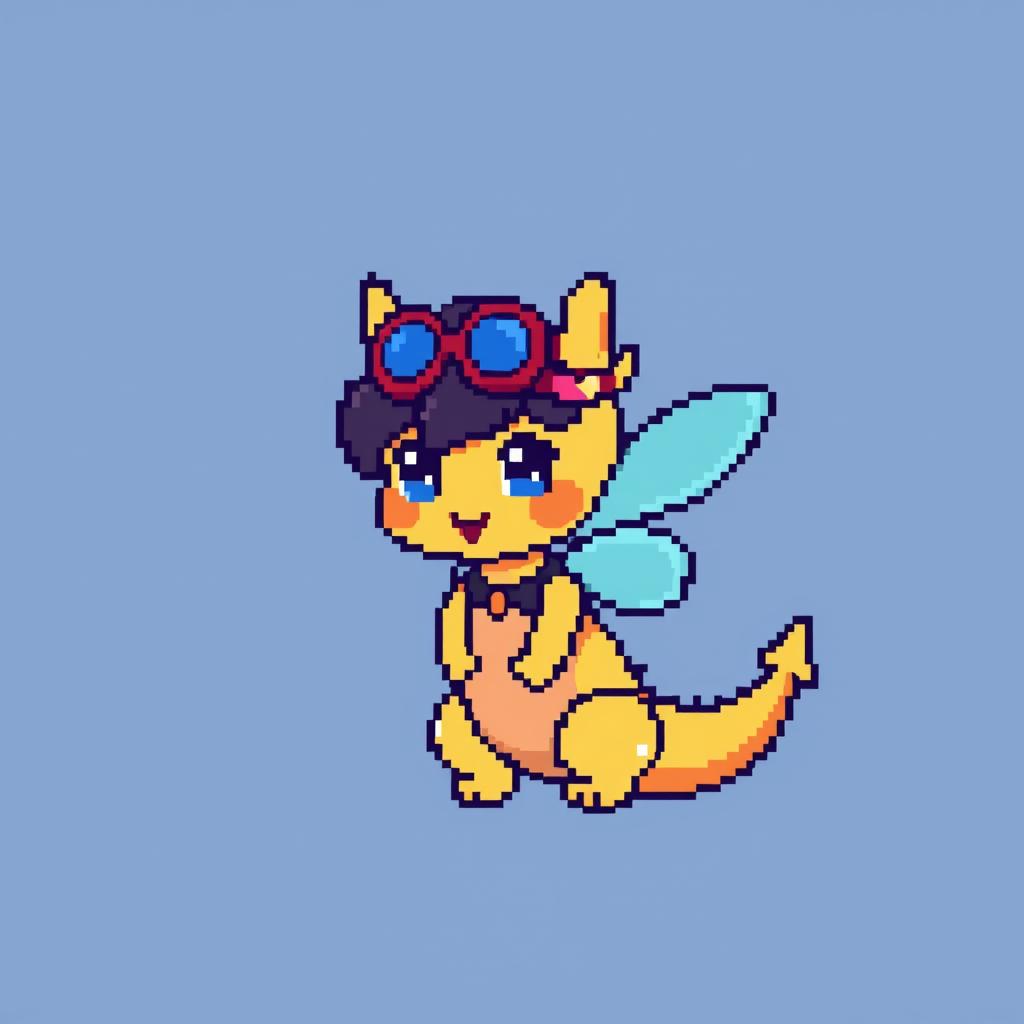A pixel art image created within a 21 by 30 pixel grid, depicting a playful and whimsical character, such as a small fantasy creature like a fairy or a dragon