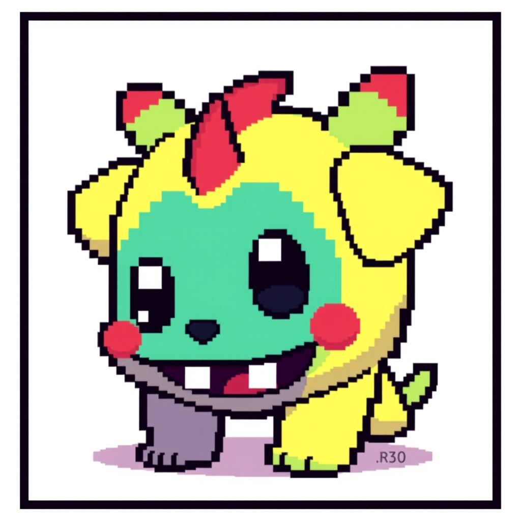 A pixel art image designed within a 21 by 30 pixel grid, showcasing a cute character, such as a small, friendly monster or a cartoonish animal like a puppy