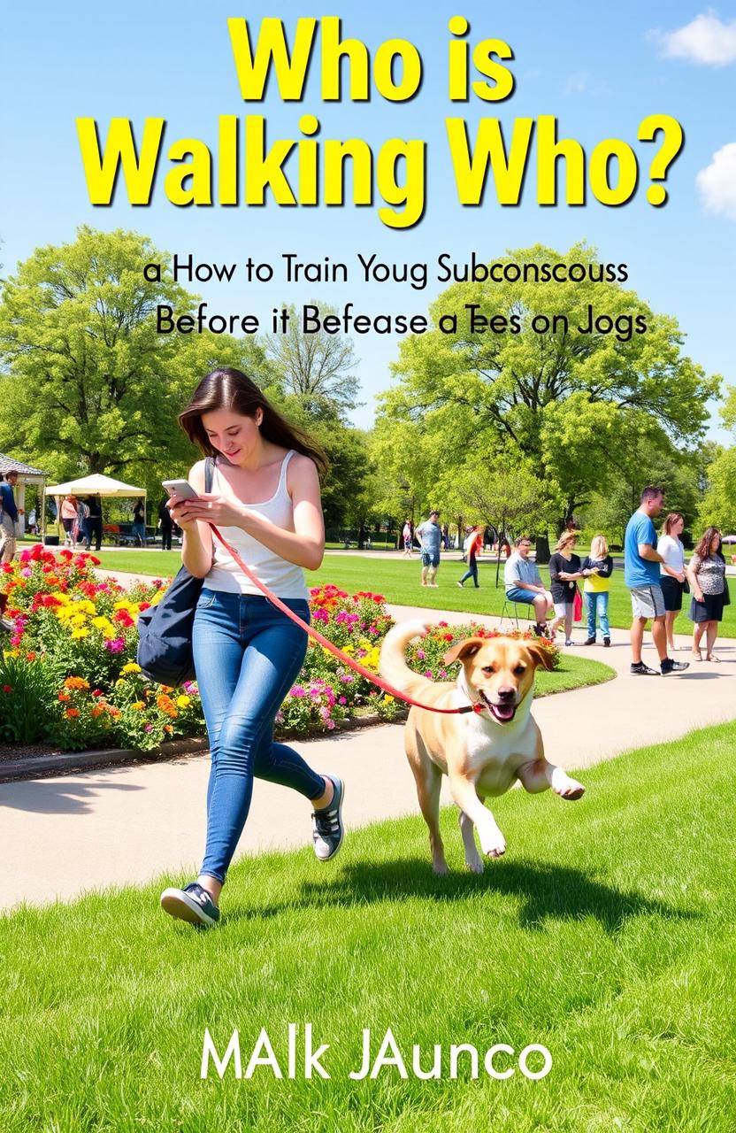 A humorous scene depicting a person being amusingly walked by their dog, illustrating the book title 'Who is Walking Who - How to Train Your Subconscious Before it Pees on You