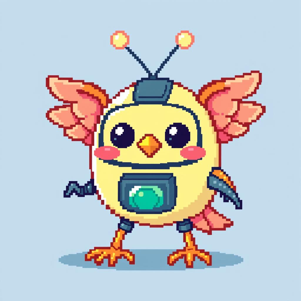 A pixel art illustration designed with a 21 by 30 pixel format, displaying a charming little creature, such as a small bird or a quirky robot