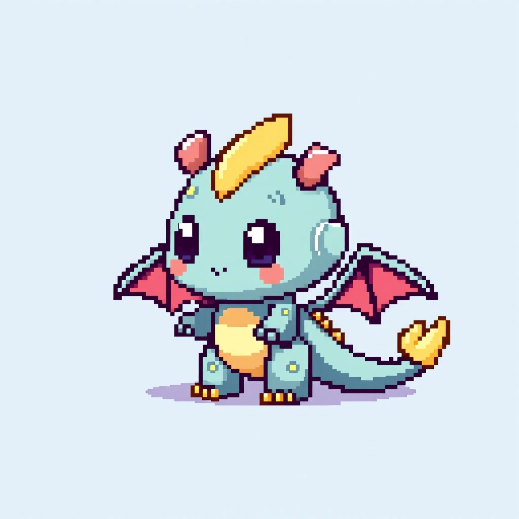 A pixel art representation created in a 21 by 30 pixel format, featuring a whimsical character, such as a tiny dragon or a chibi-style robot