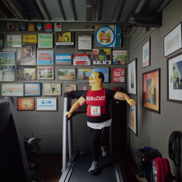 Homer Simpson running on a treadmill inside a shed, surrounded by wall pictures. He's sporting a black vest featuring 'Runfast' in red and 'coaching' in white below.