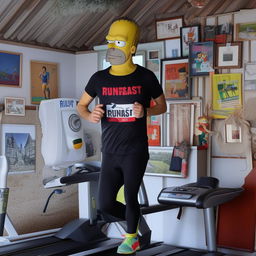 Homer Simpson running on a treadmill inside a shed, surrounded by wall pictures. He's sporting a black vest featuring 'Runfast' in red and 'coaching' in white below.