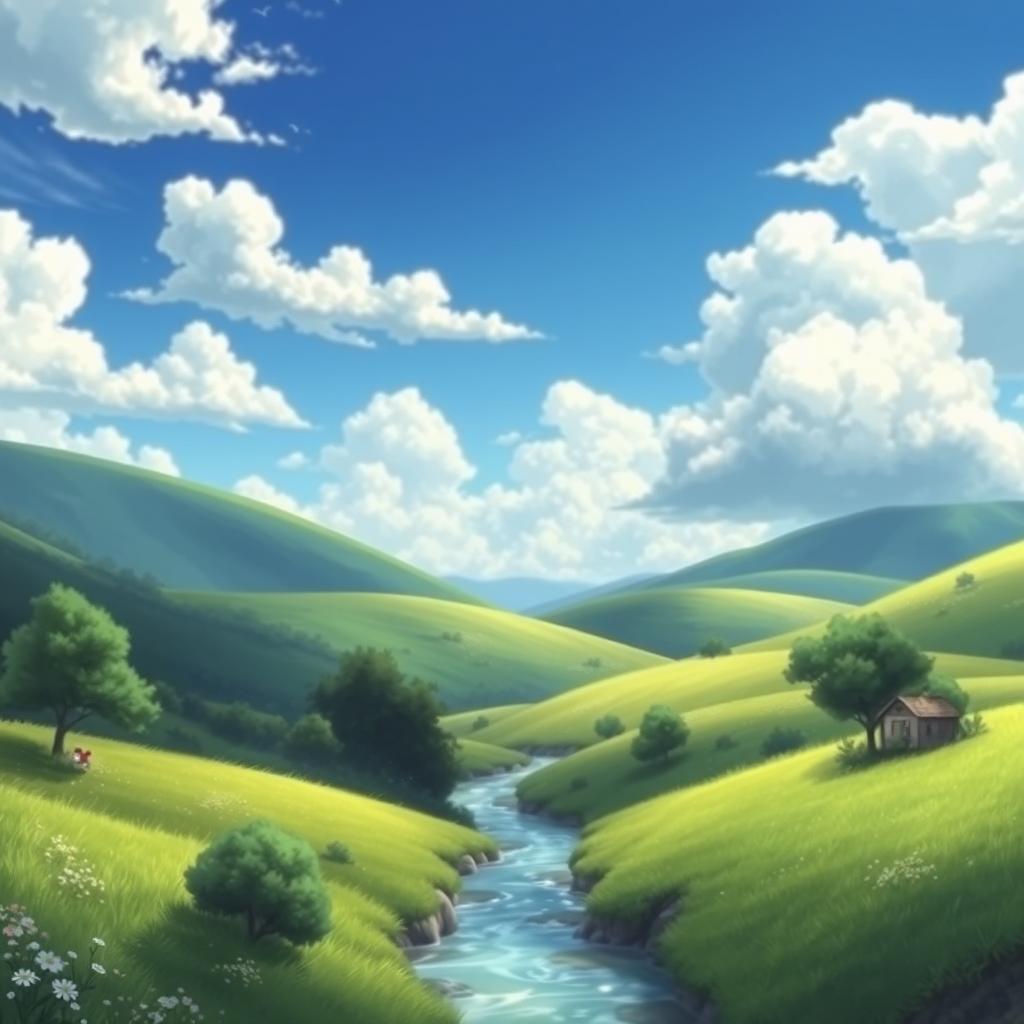 A beautiful landscape featuring lush, green hills and soft, fluffy clouds in a vibrant blue sky, reminiscent of a scene from a Studio Ghibli film