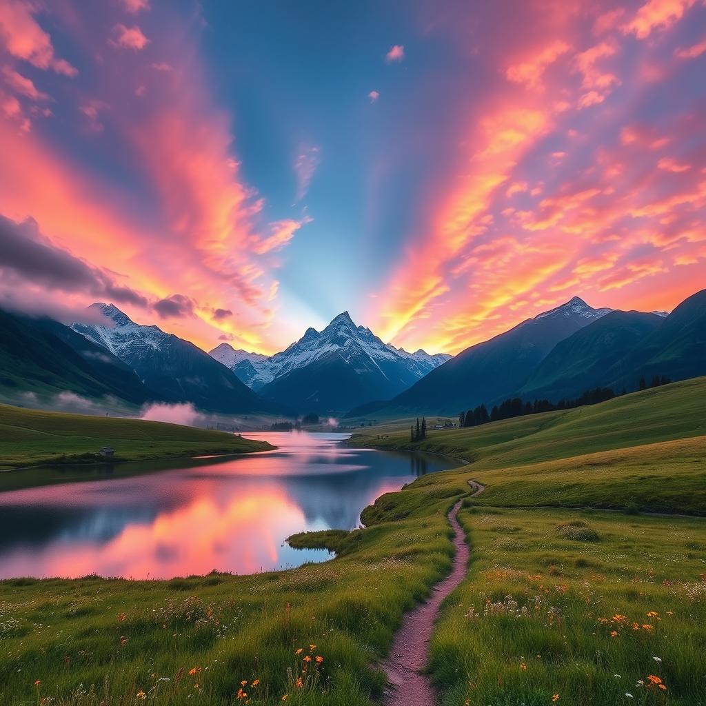 A serene landscape at sunrise featuring a vibrant, colorful sky filled with soft clouds