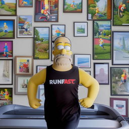 Homer Simpson running on a treadmill inside a shed, surrounded by wall pictures. He's sporting a black vest featuring 'Runfast' in red and 'coaching' in white below.