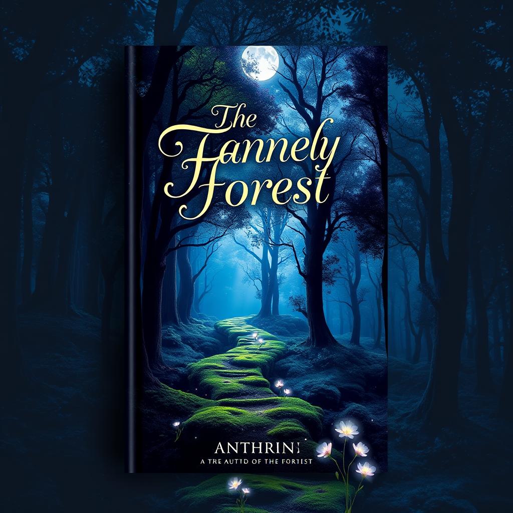 A visually striking book cover design featuring a mystical forest at twilight