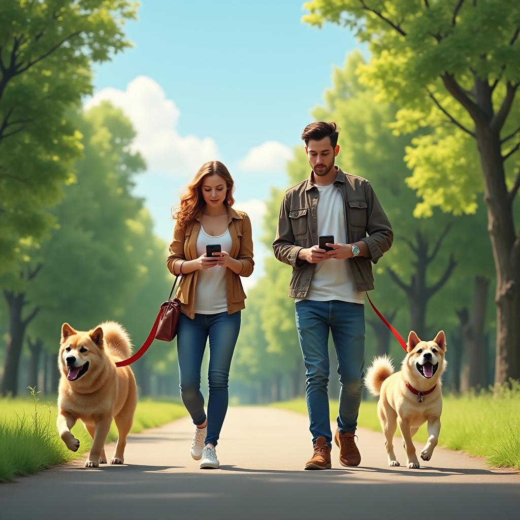 A humorous scene featuring a man and a woman being walked by their dogs in a park, both engrossed in their smartphones