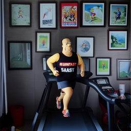 Homer Simpson running on a treadmill inside a shed, surrounded by wall pictures. He's sporting a black vest featuring 'Runfast' in red and 'coaching' in white below.