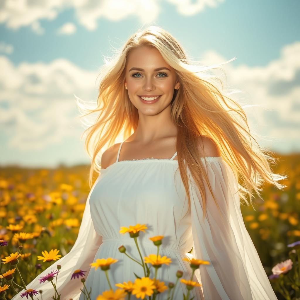 A stunning blonde woman with flowing hair standing in a sunlit field of wildflowers, wearing a flowing white dress that billows gently in the breeze