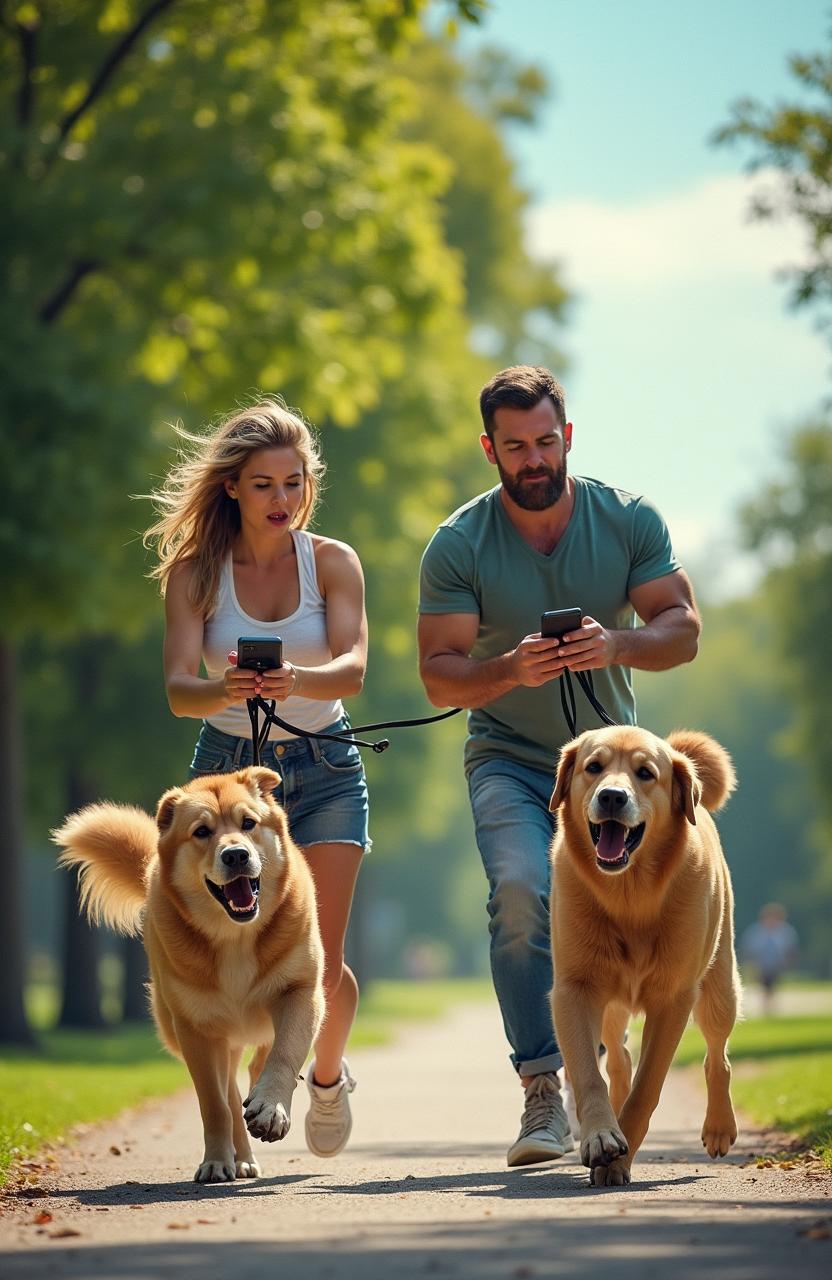 A humorous scene depicting a man and a woman being pulled strongly by their dogs in a park, both too focused on their smartphones to notice
