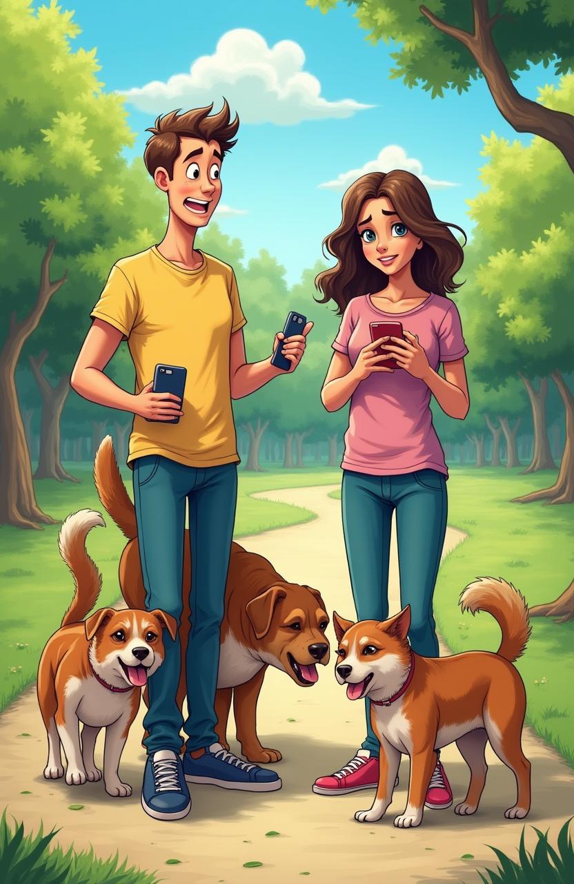 A humorous and cheeky scene in a park where a man and woman are obliviously distracted by their smartphones as their dogs mischievously pee on their legs