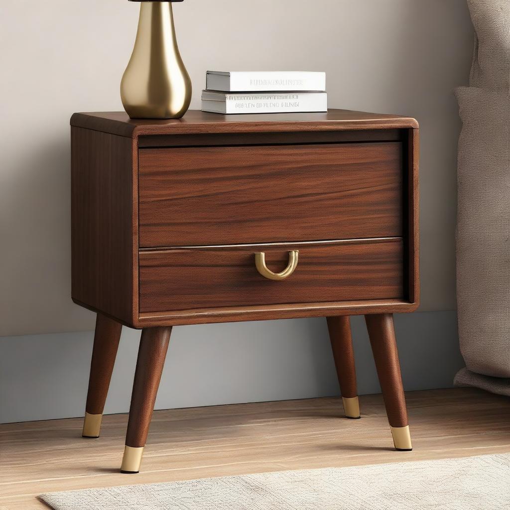 Generate a detailed image of a chic, sturdy nightstand with a glossy wooden finish and metallic handles, placed against a neutral background