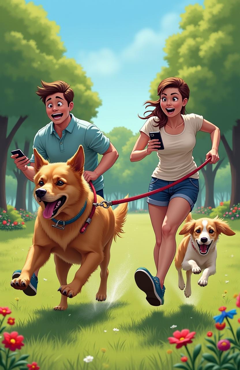 A dynamic and comical scene depicting a man and a woman struggling to keep up as their dogs race ahead in a park