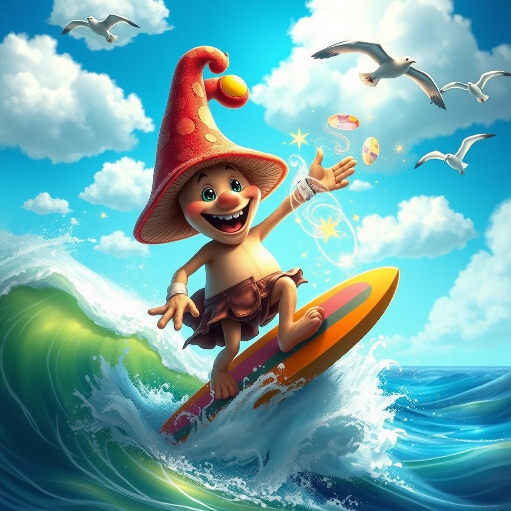 A whimsical and fantastical scene of a mushroom man riding a surfboard, joyfully casting a spell