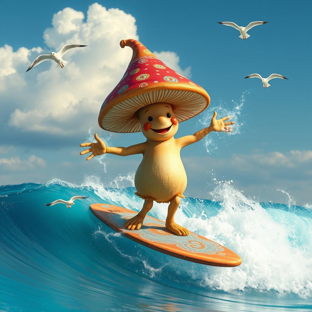A whimsical scene of a mushroom-themed humanoid figure, referred to as 'Mushroom Man', standing confidently on a surfboard riding a vibrant blue ocean wave