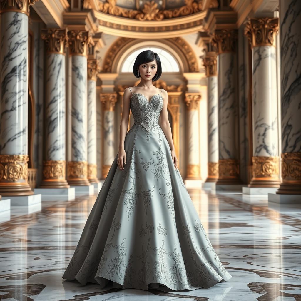 A princess with very short shoulder-length black hair and deep black eyes, elegantly dressed in a long light grey princess cut gown adorned with intricate designs