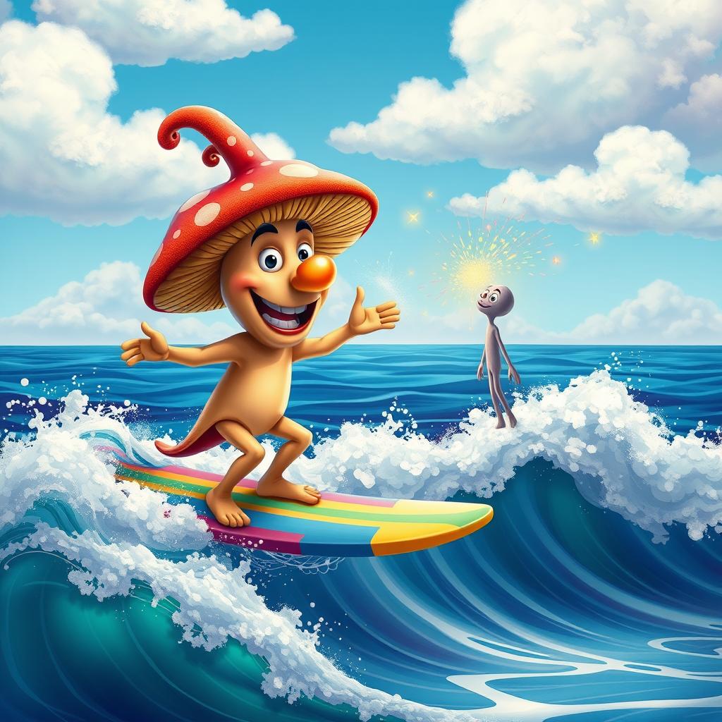 A whimsical scene featuring a vibrant, fantastical Mushroom Man surfing on a colorful surfboard