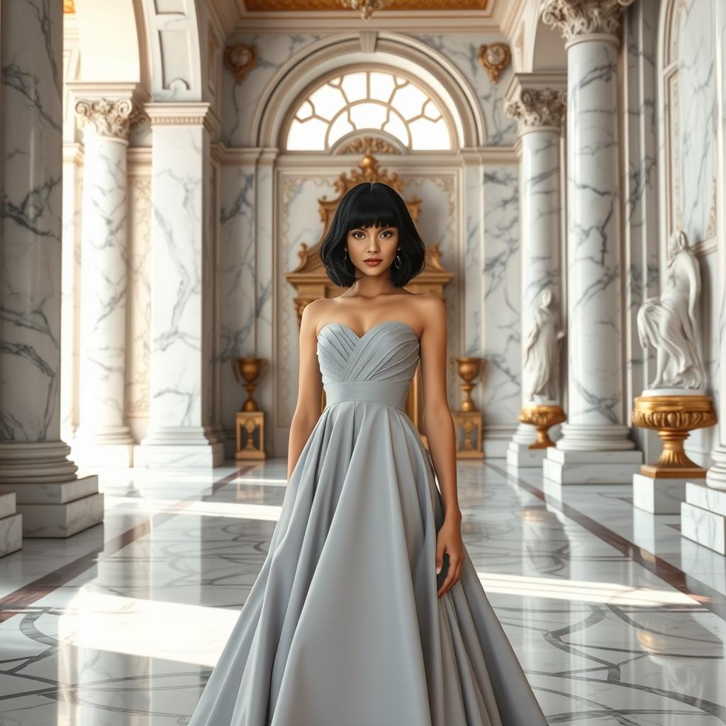 A princess with very short shoulder-length black hair and striking black eyes, wearing an elegant, flowing light grey gown that highlights her royal status