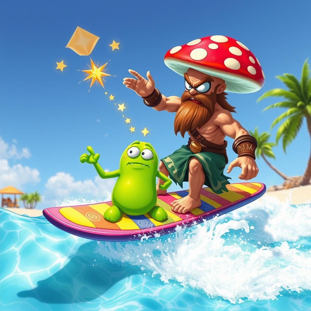 A fierce warrior, resembling a muscular man, with a vibrant mushroom cap for a head, expertly riding a colorful surfboard on crystal-clear ocean waves