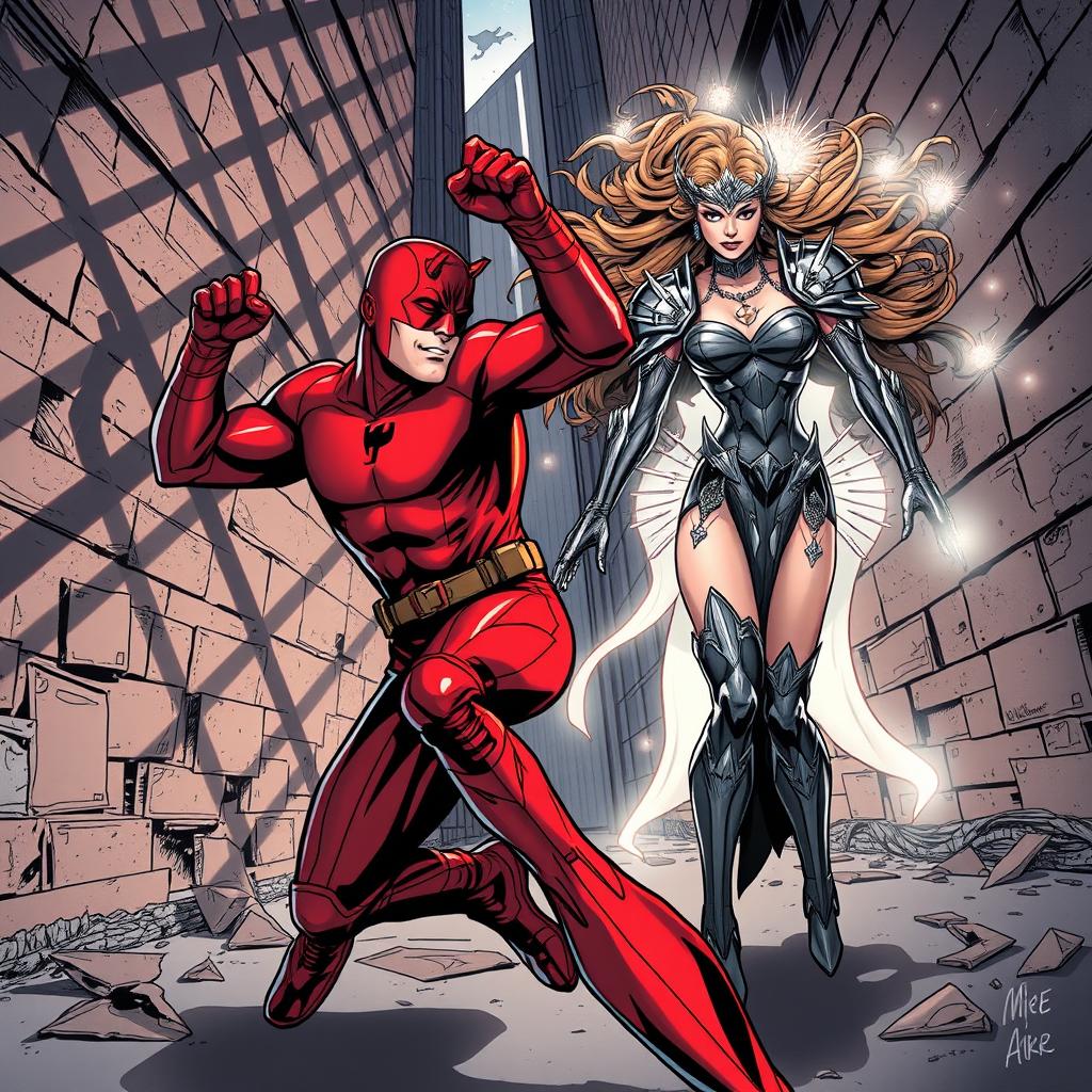 A dynamic comic book style illustration of an intense battle between Daredevil, a blind superhero in a red suit with a confident expression, and Muse, a confident and ethereal woman with flowing hair and ornate armor, set in a gritty urban environment