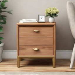 Generate a detailed image of a chic, sturdy nightstand with a glossy wooden finish and metallic handles, placed against a neutral background