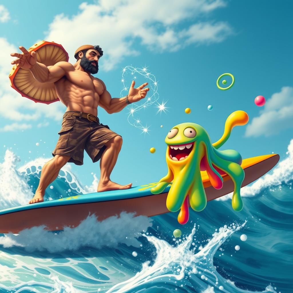 A dynamic scene depicting a muscular man with mushroom features, balancing confidently on a surfboard as he casts a powerful spell