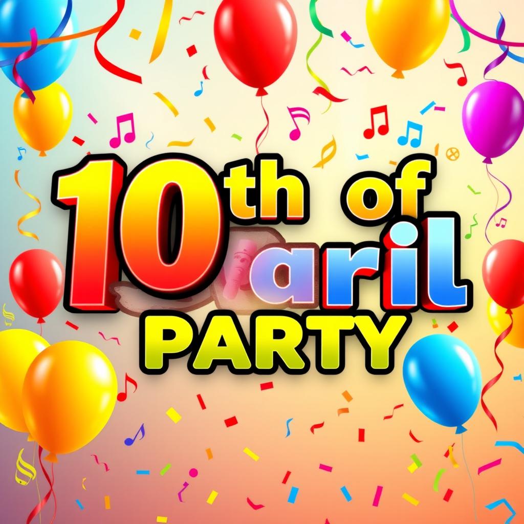 A vibrant and colorful party banner featuring the text '10th of April Party' in bold letters